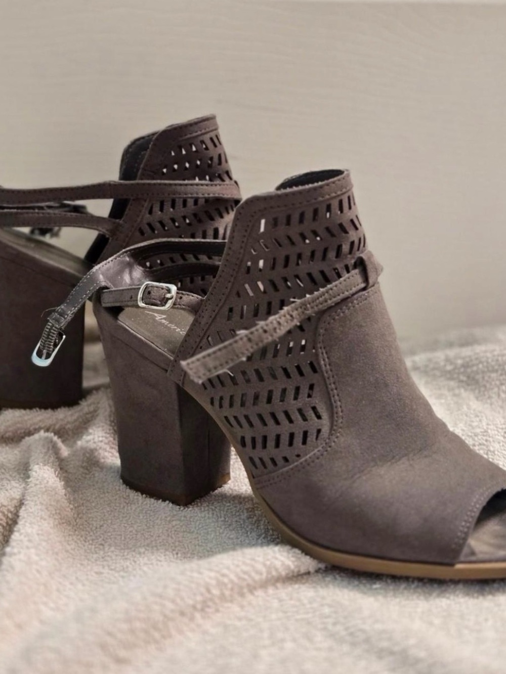 American Eagle Outfitters Taupe Suede Cutout Block Heel Sandals